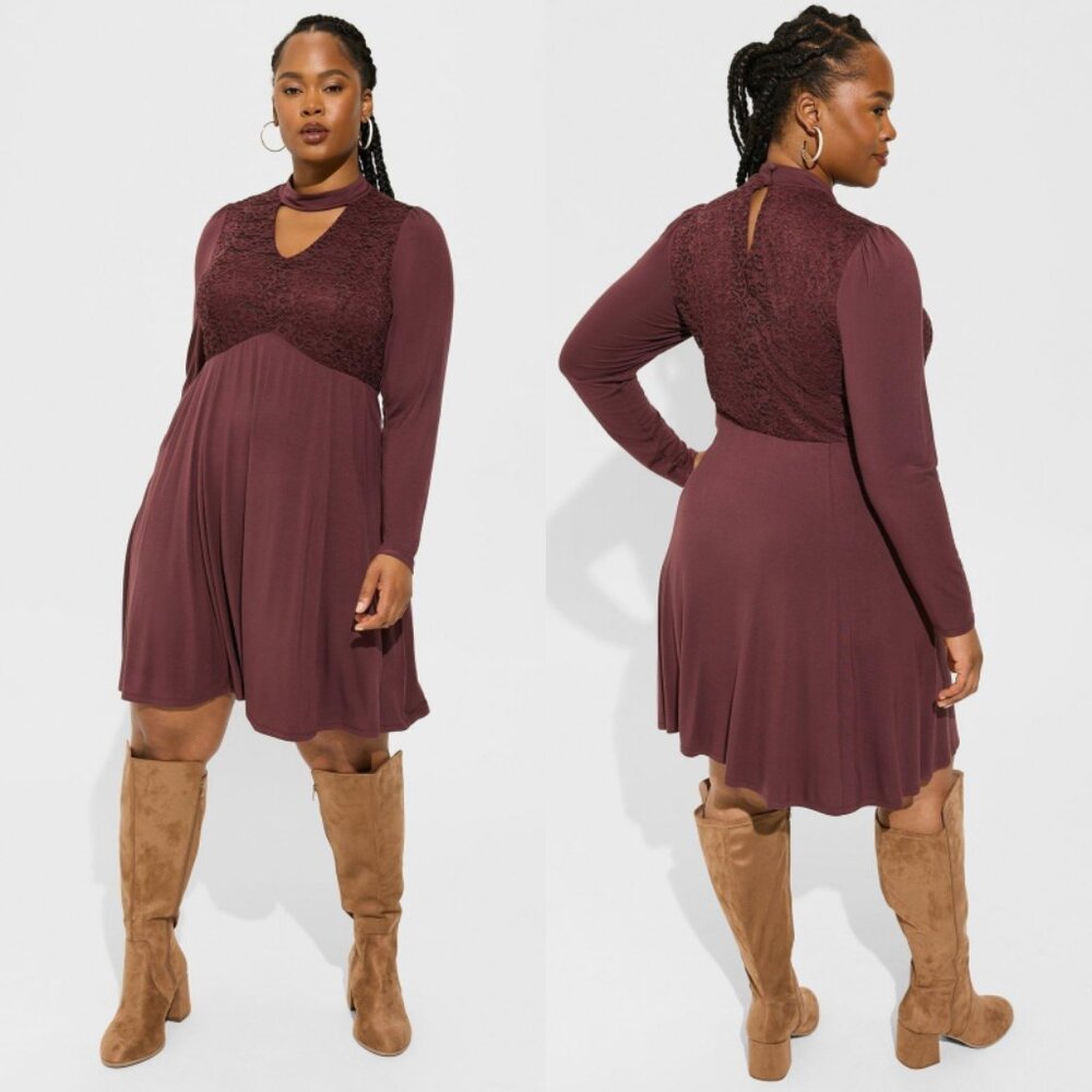NWT Torrid 3 Sassafras Super Soft Lace Bodice Mock Neck Skater Dress 3X …